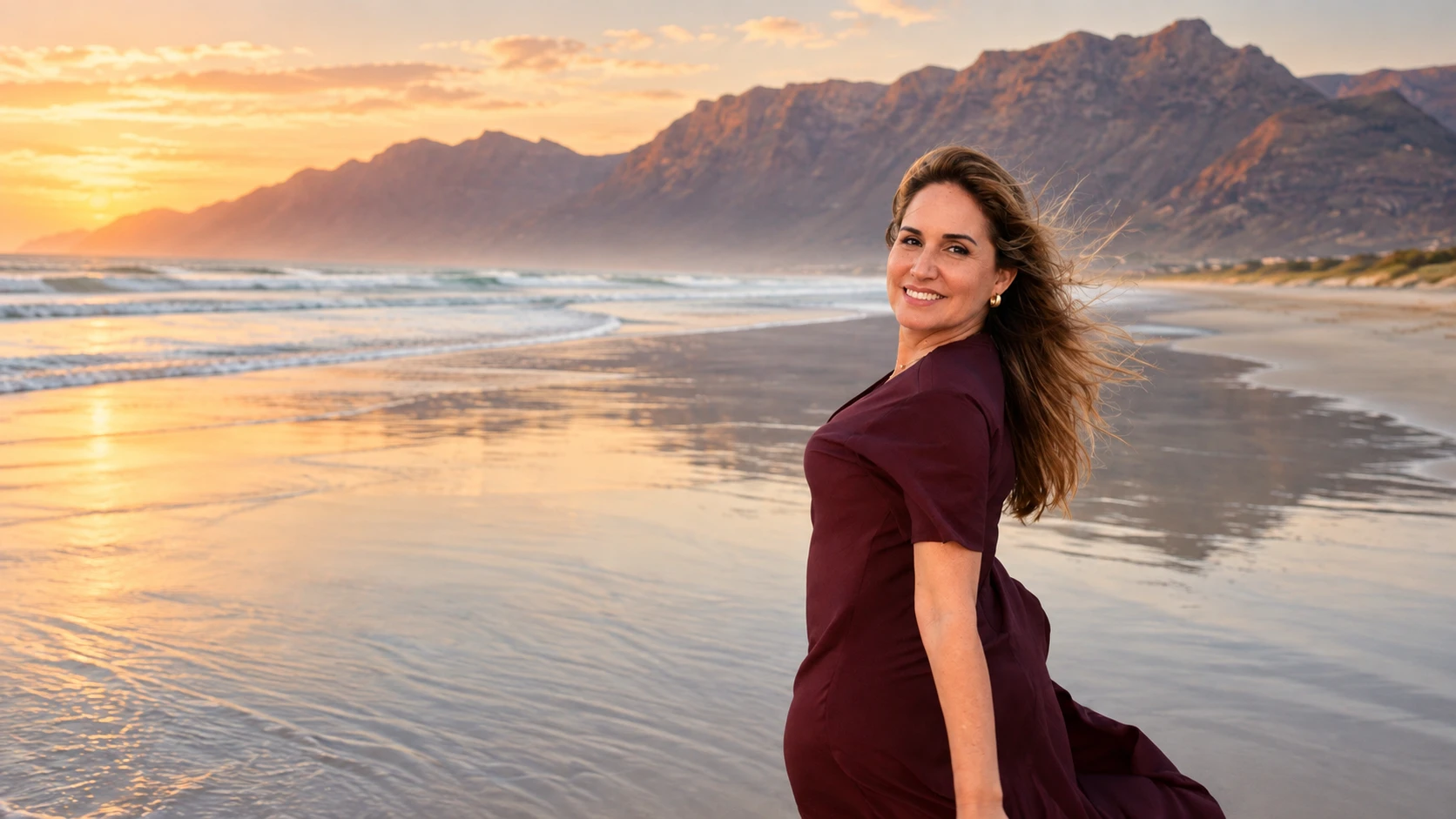 Fayna Curbelo sonriendo en la orilla de la playa al atardecer, con la costa y los acantilados al fondo.